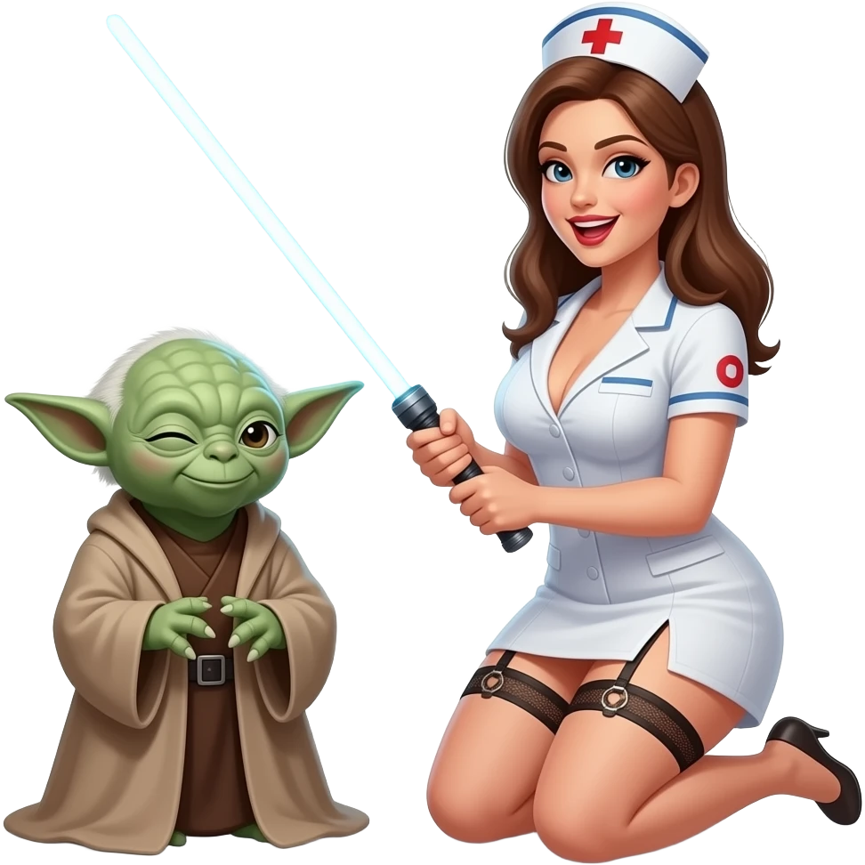 Yoda smiling with a wink, with a lady, nurse , holding a large light saberlarge breasts, garter belt, kneeling , mouth open emoji