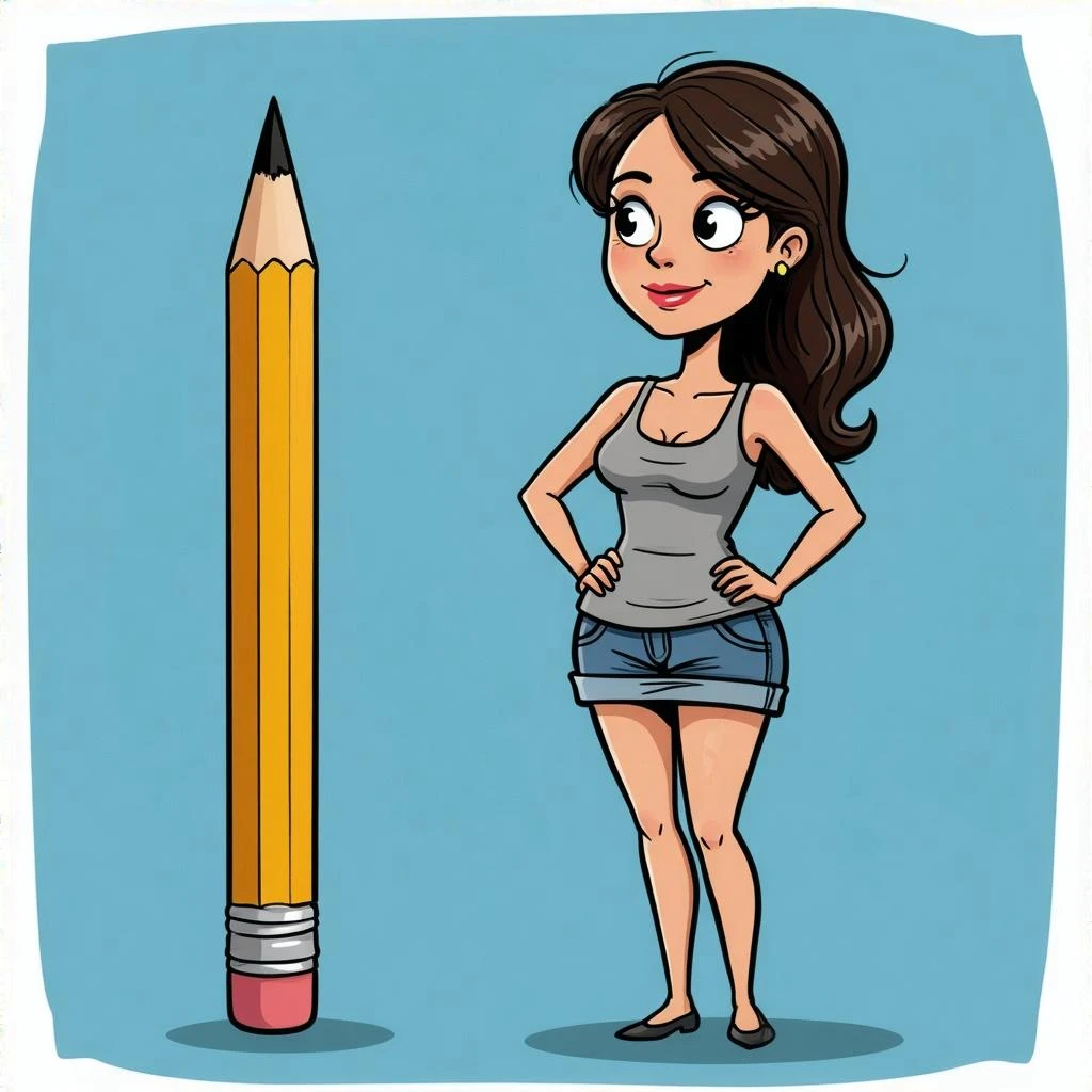 a skinny woman standing next to a pencil (cartoon colourful style) emoji