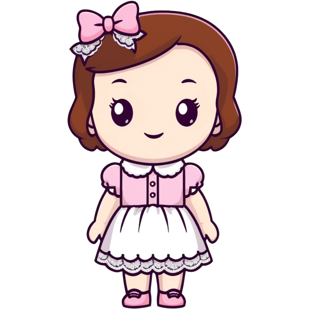 pale skin coquette girl with brown hair, pink bows, lace, pearls, dainty emoji
