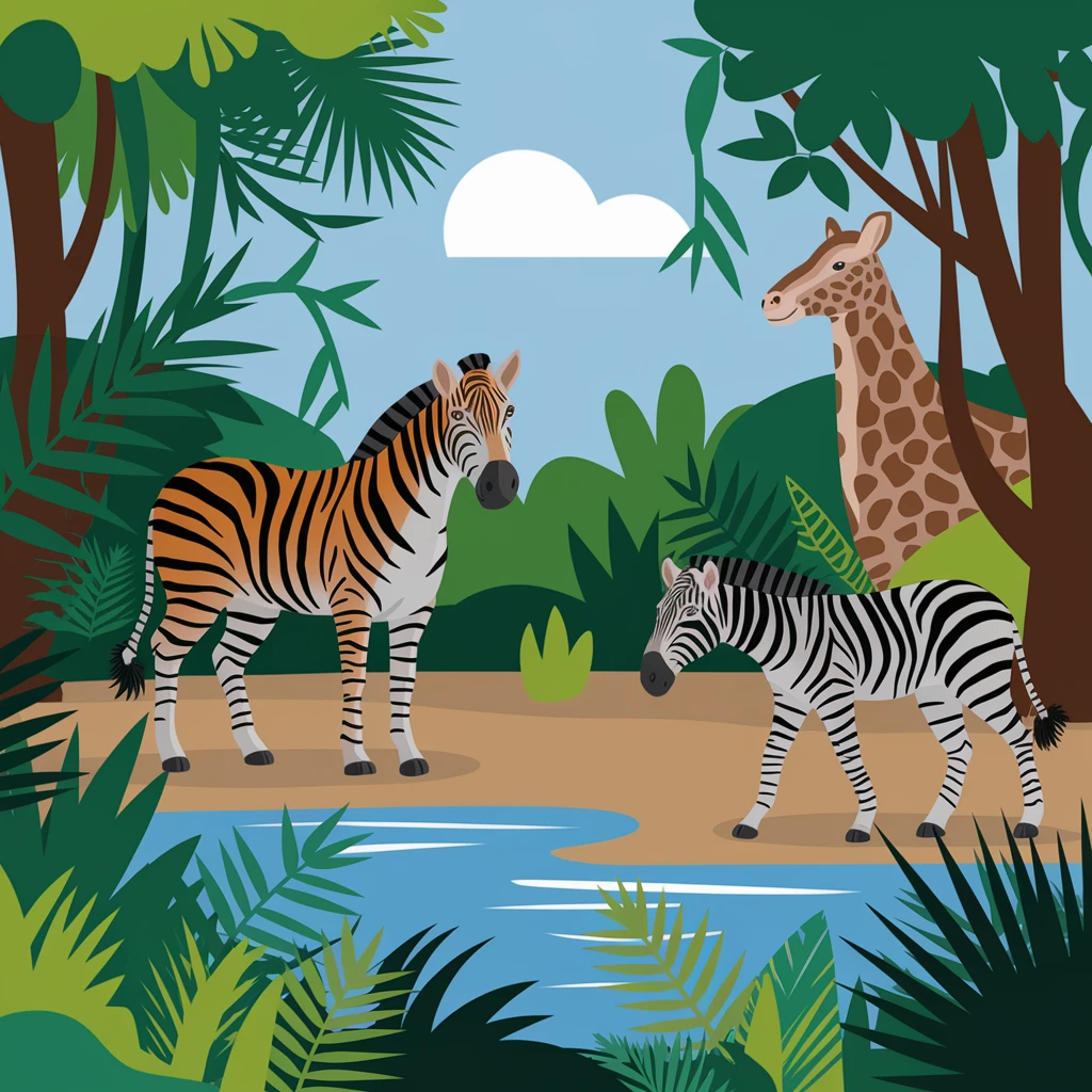 digital illustration of jungle safari in the style of children's illustration emoji