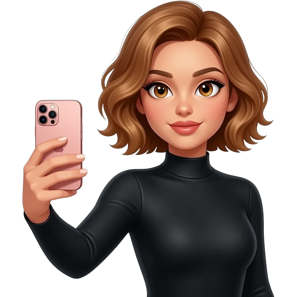 glamours,-tanned,-very-beautiful-girl,-with-big-pump-peach-beige-rose-lips,-long-long-lashes,-honey-silky-very short- hair,-wavy-hair,-hazel-eyes-in-black-long-sleeves-bodysuit- taking a selfie with her rose gold iPhone 16promax emoji