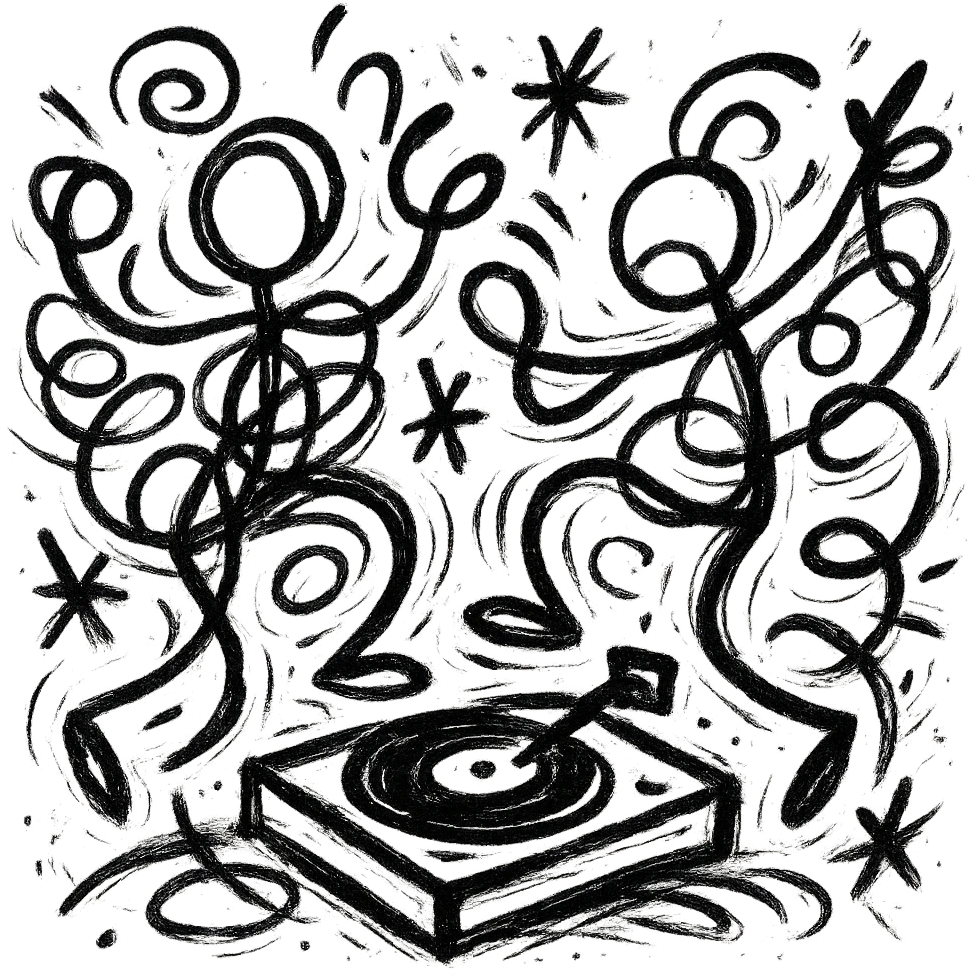 Two minimalist stick figures dancing near a record player, like a warning sign, black and white emoji