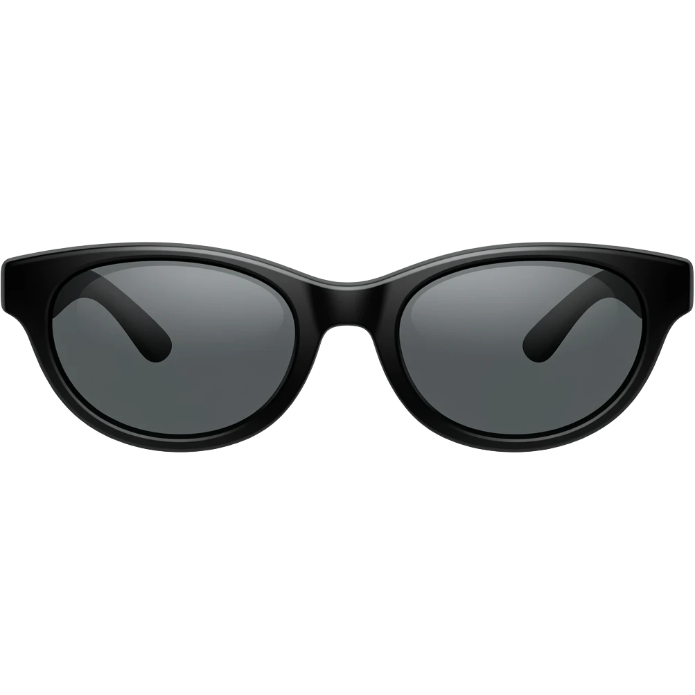 black slim oval sunglasses, low-profile, narrow lenses, wraparound shape, glossy frame, minimal, clean background, product photography emoji