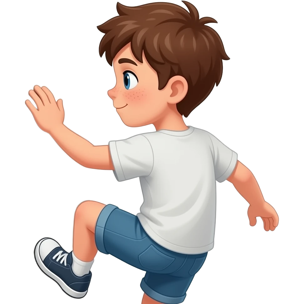 Hazme un chico con pelo rebelde castaño, ojos azules y unas pecas. que este escalando de espaldas y que no se le vea la cara emoji