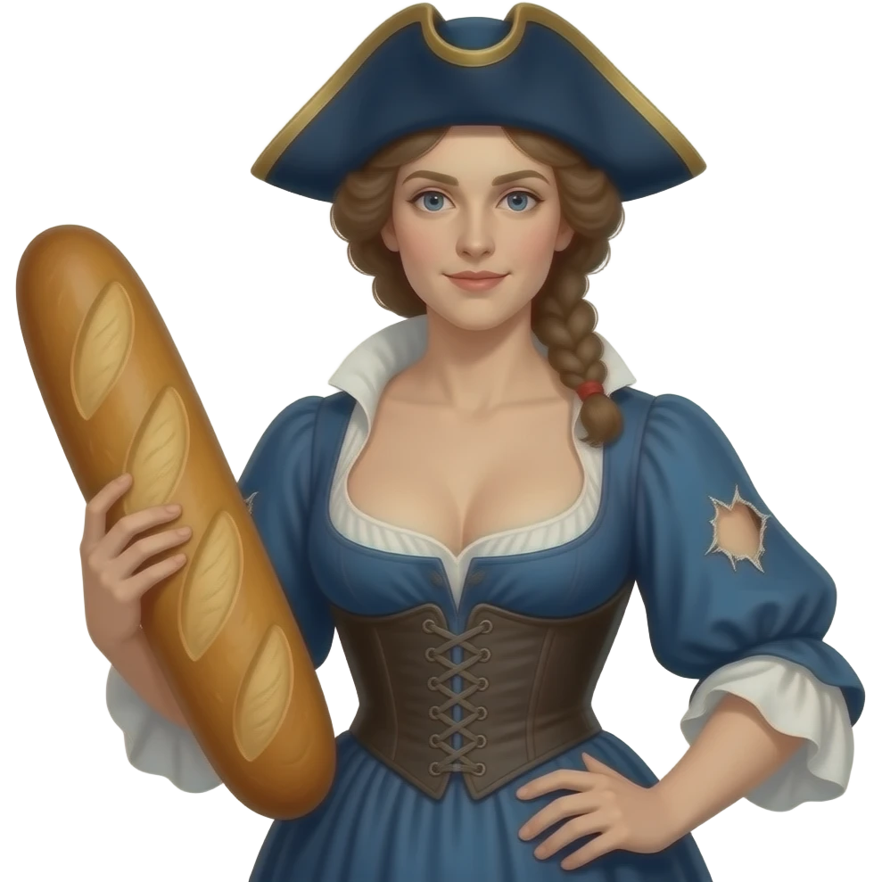 the historical French Marianne went wild in a tight corset with a large open neckline, torn dresses - with a rebellious Jacobin cap and a large French loaf emoji