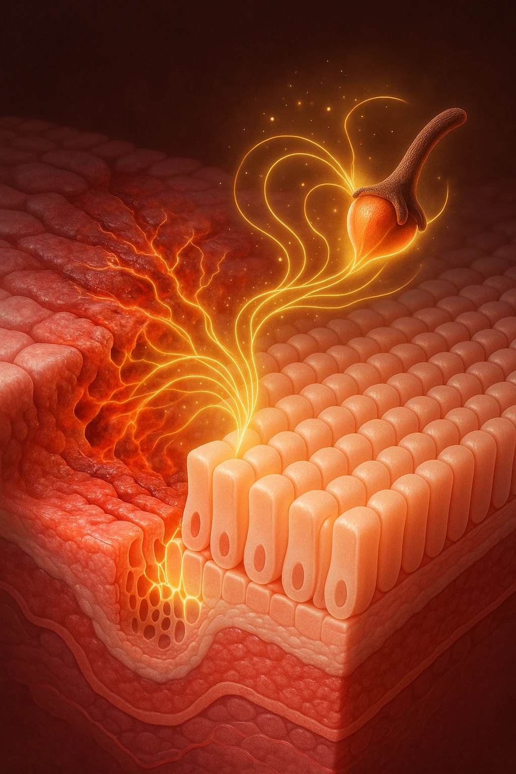 Scientific visualization. A damaged, inflamed section of intestinal lining. A miniature, glowing clove is positioned like a healer, sending out tendrils of golden energy that soothe the inflammation and weave the cellular barrier back together, creating a healthy, sealed surface. emoji