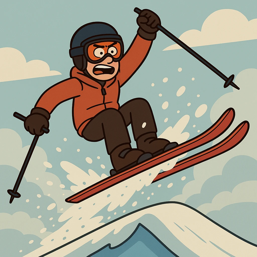 a ski guy jumping off a snowy ramp, snow flying, stylized, bold lines emoji