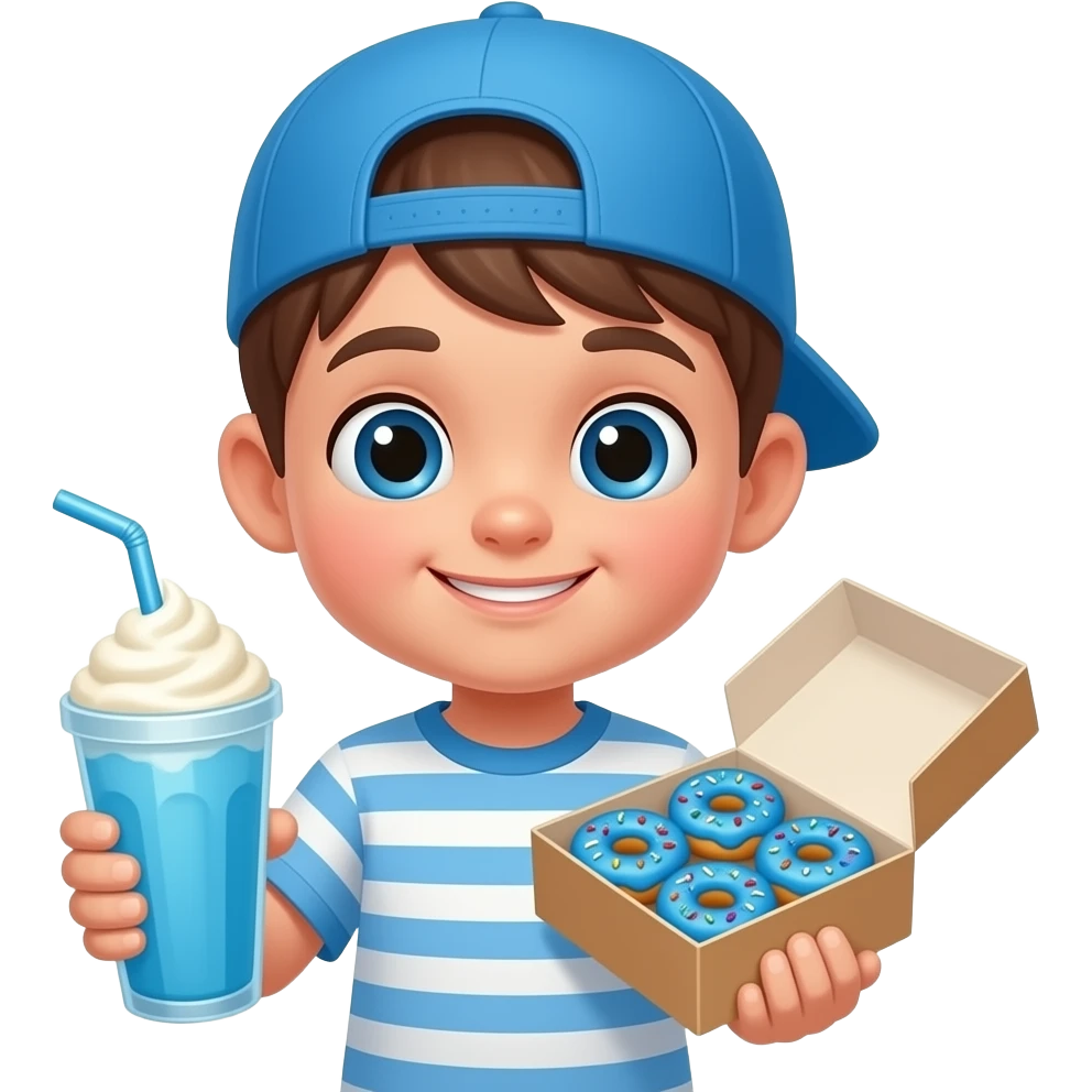 A n emoji of a little boy is holding a blue milkshake in one hand, and in his other hand, he is holding a box of blue donuts and he’s wearing a blue cap emoji