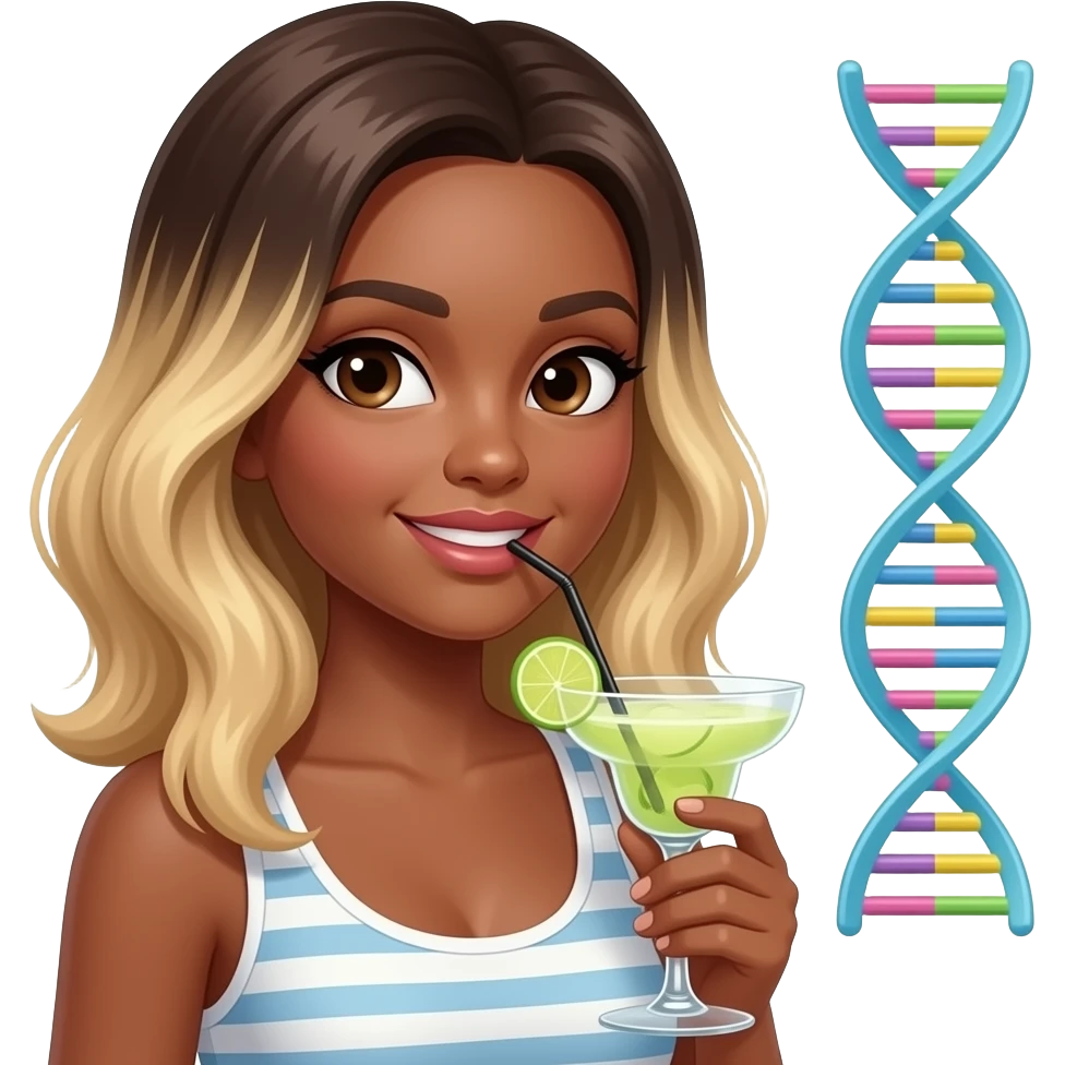 White girl with olive skin brown eyes balayage bronde hair and holding a margarita add 🧬 emoji