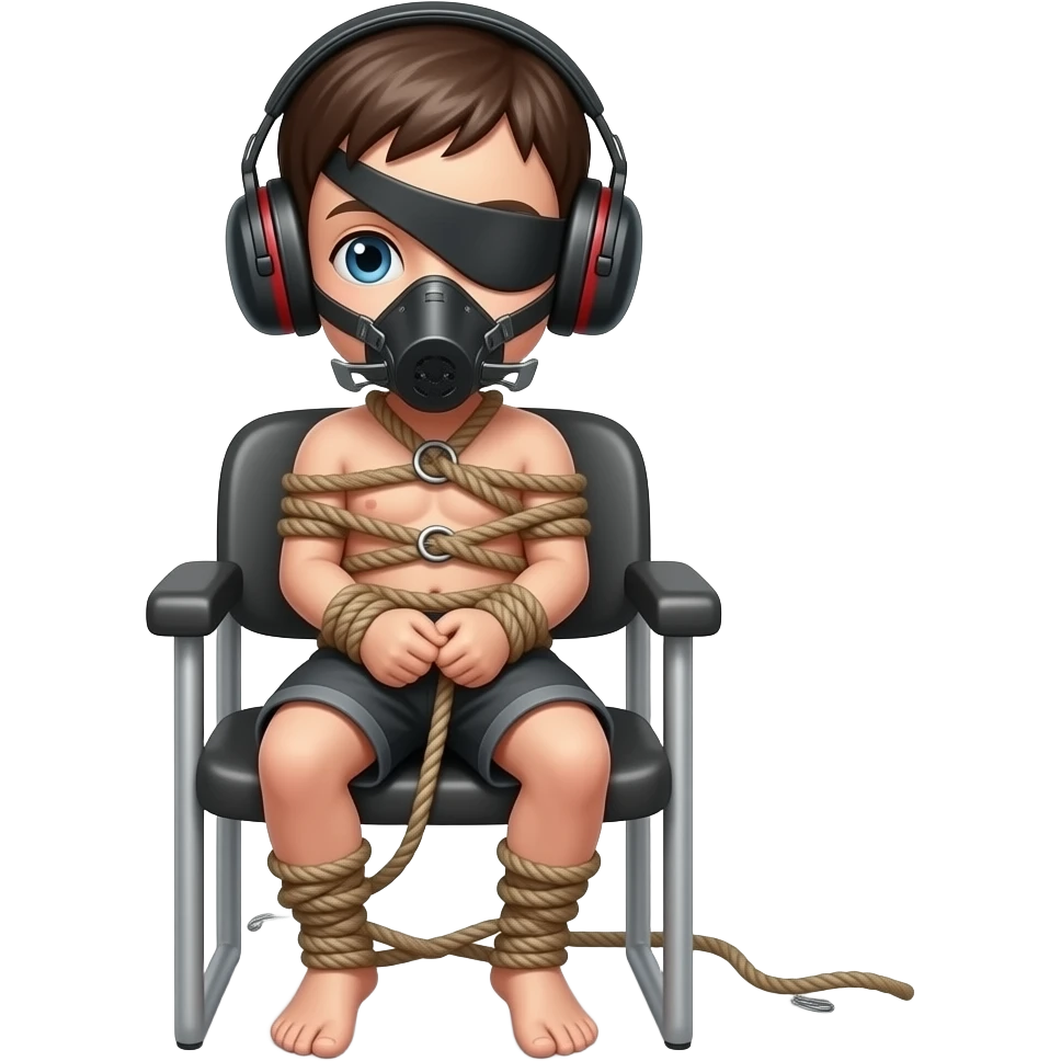 Naked boy bondage blindfolded chair tied muzzle earmuffs emoji