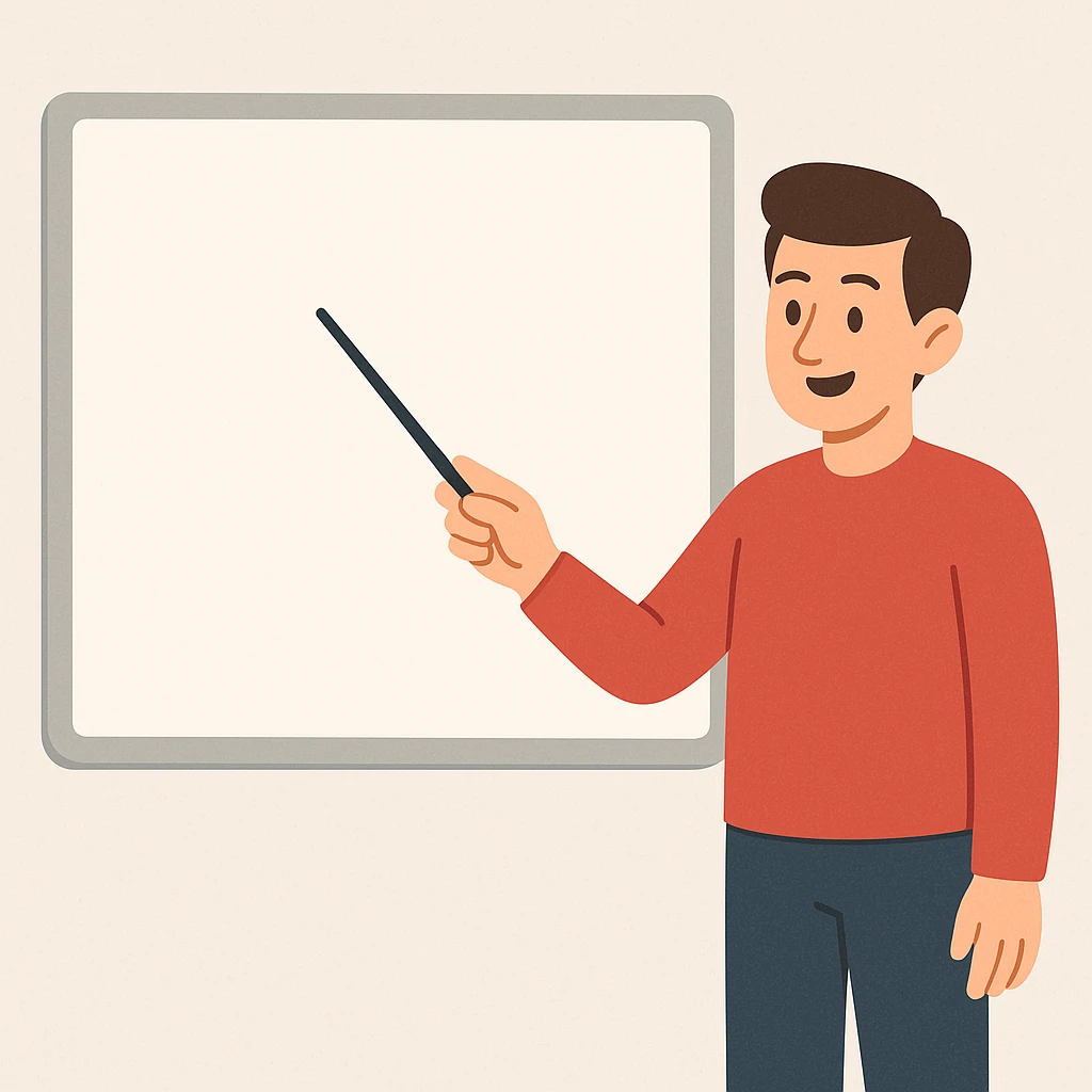flat toon style man pointing with a stick at the white board emoji