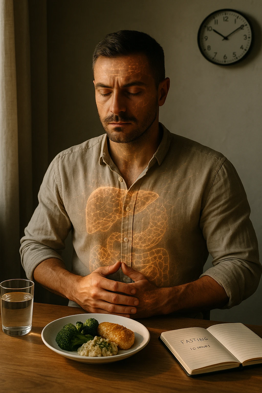 A cinematic close-up of a focused man in his mid-30s with slight beard and tired but determined eyes, sitting alone at a simple wooden table with an untouched plate of food in front of him. His hands are clasped, fingers interlocked in a meditative position over his lower abdomen, symbolizing willpower and internal balance. He wears a lightweight natural fiber shirt, sleeves rolled up. The lighting is soft and natural, early morning light coming from a nearby window. Around him, visual cues of cellular regeneration — faint glowing patterns subtly overlaying his body, especially near the liver, gut, and brain, suggesting autophagy and deep healing. The room is minimalist: a glass of water, a notebook with fasting hours, and a clock in the background ticking calmly. The tone is serene, intentional, and deeply introspective. Shot in 35mm cinematic style, warm highlights and clean shadows. emoji