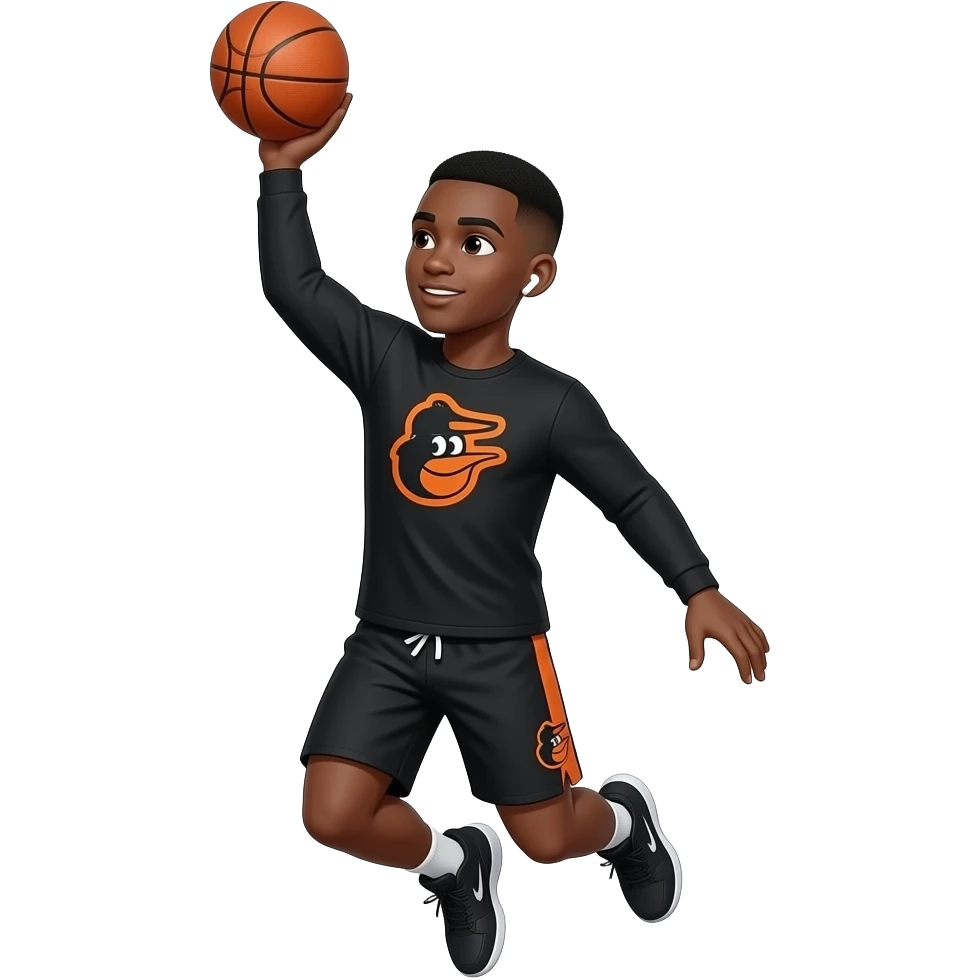 make a cute 20 year old man who’s skin color is black with a black low taper fade in black long sleeve with orioles in orange with the same for the shorts but on the side, the long sleeve should say orioles in the middle with white airpods in his ears and he is doing a fade away jumper with the 🏀 emoji