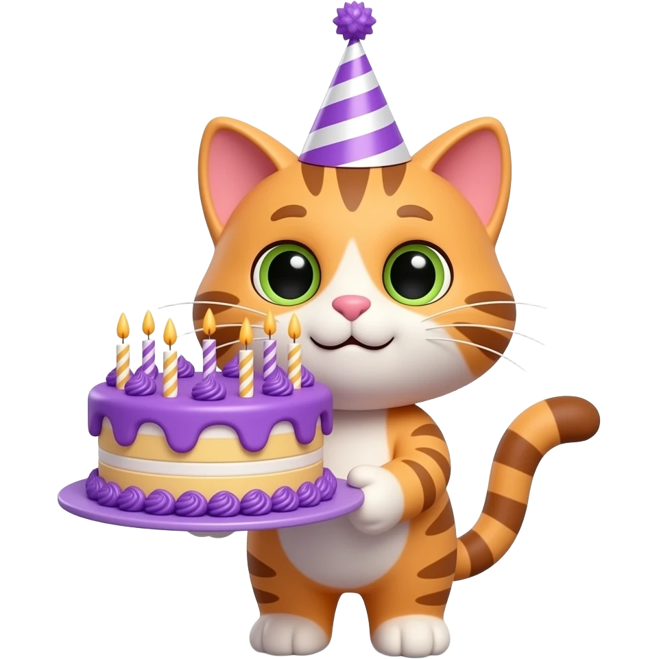 a happy cartoon 3d cat with a birthday hat on holds a big purple 3d bithday cake excessufully decorated with purple creme and candles on emoji