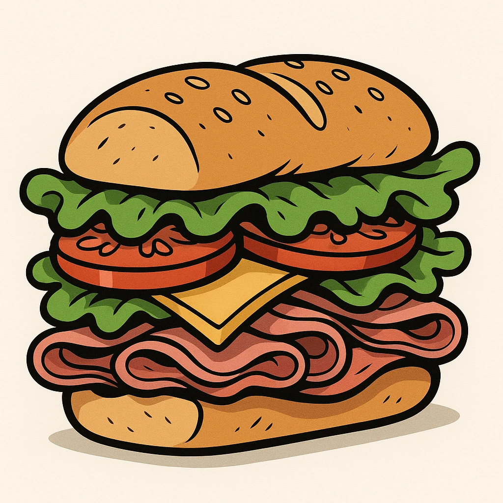 cartoon-style submarine sandwich with exaggerated layers of lettuce, tomato, cheese, deli meats, playful and bold, isolated on white background emoji