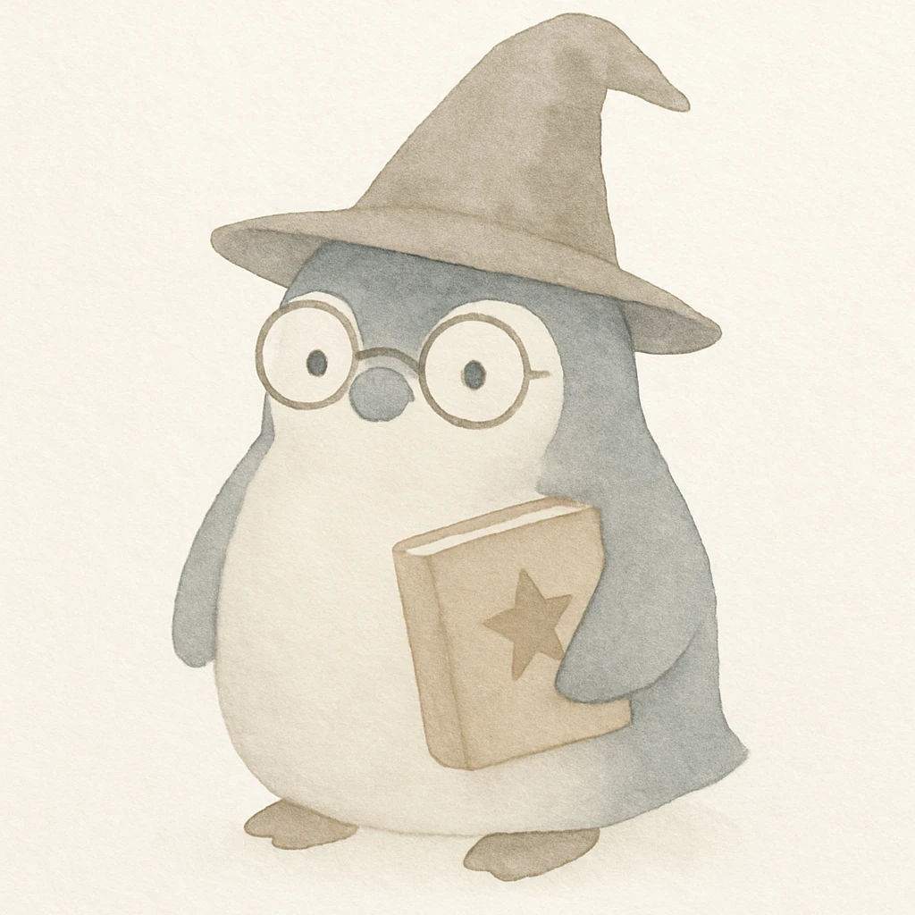 chubby penguin with a wizard hat, round glasses, and a spellbook, charming illustrated style emoji