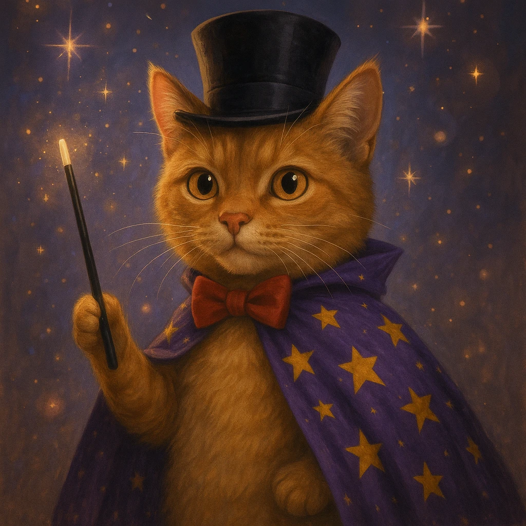A magician cat in a top hat, a bowtie and a purple cape with stars emoji