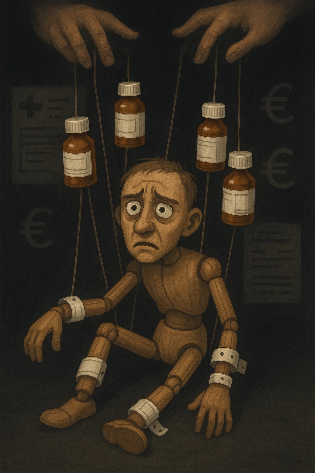 a marionette puppet with hospital bracelets and medication bottles as strings is controlled by unseen hands from above. The puppet’s face shows confusion and fatigue, representing the feeling of being managed by an invisible system. The background is dark, with faint images of medical charts and euro signs. in italiano emoji
