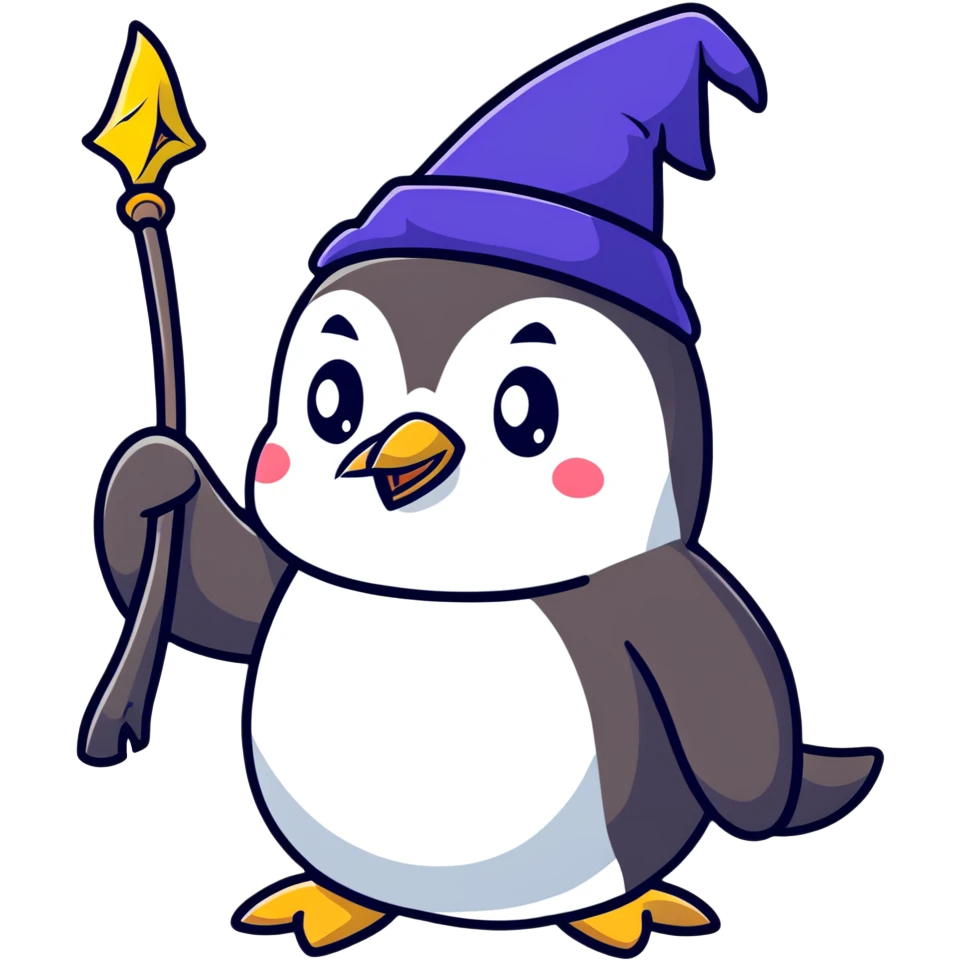 Penguin wizard with magical staff and hat emoji