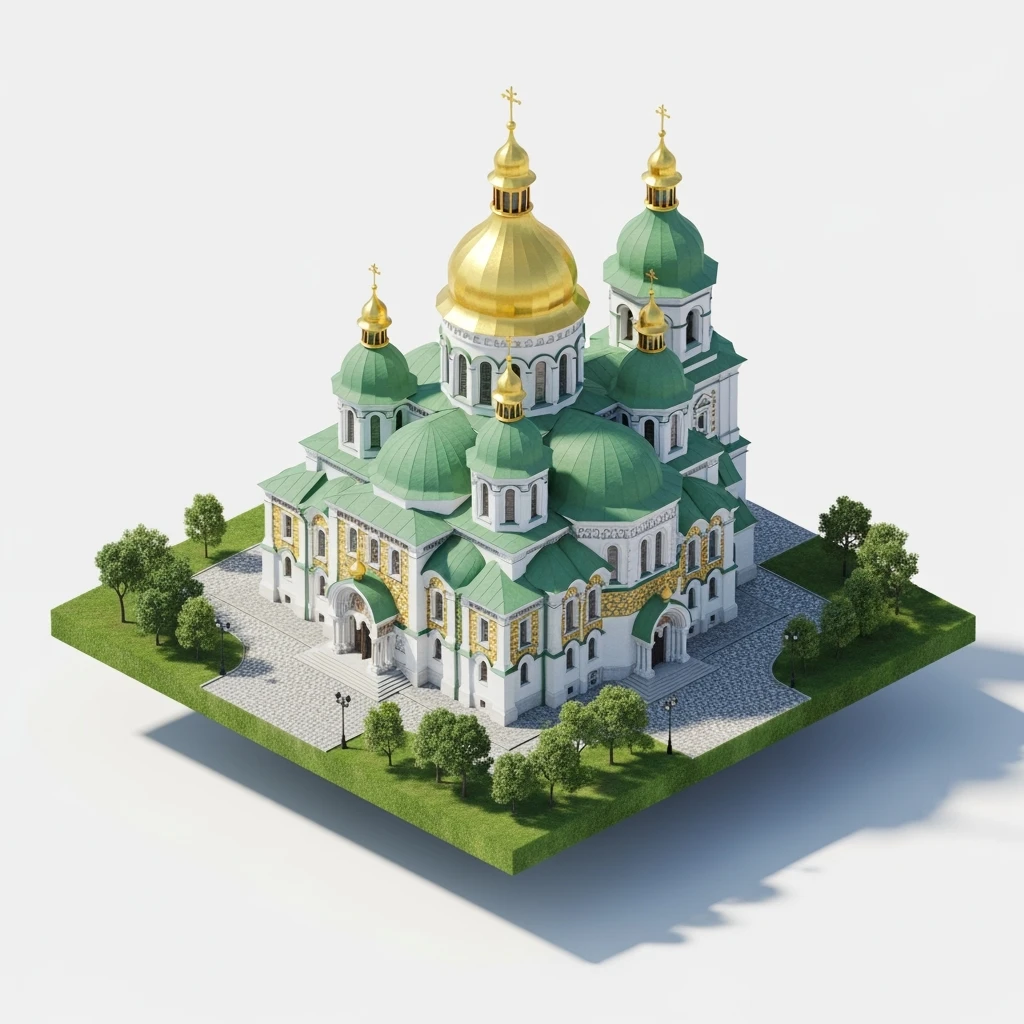 Isometric illustration of photorealistic Saint Sophia Cathedral in Kyiv, balanced between stylized and realistic, 3D miniature effect, transparent background. emoji