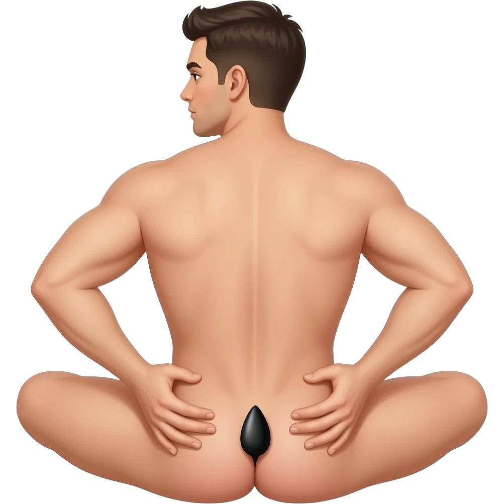A naked man penetrating his ass With a black dildo he is sit in profile his hands are on his ass tearing them apart emoji