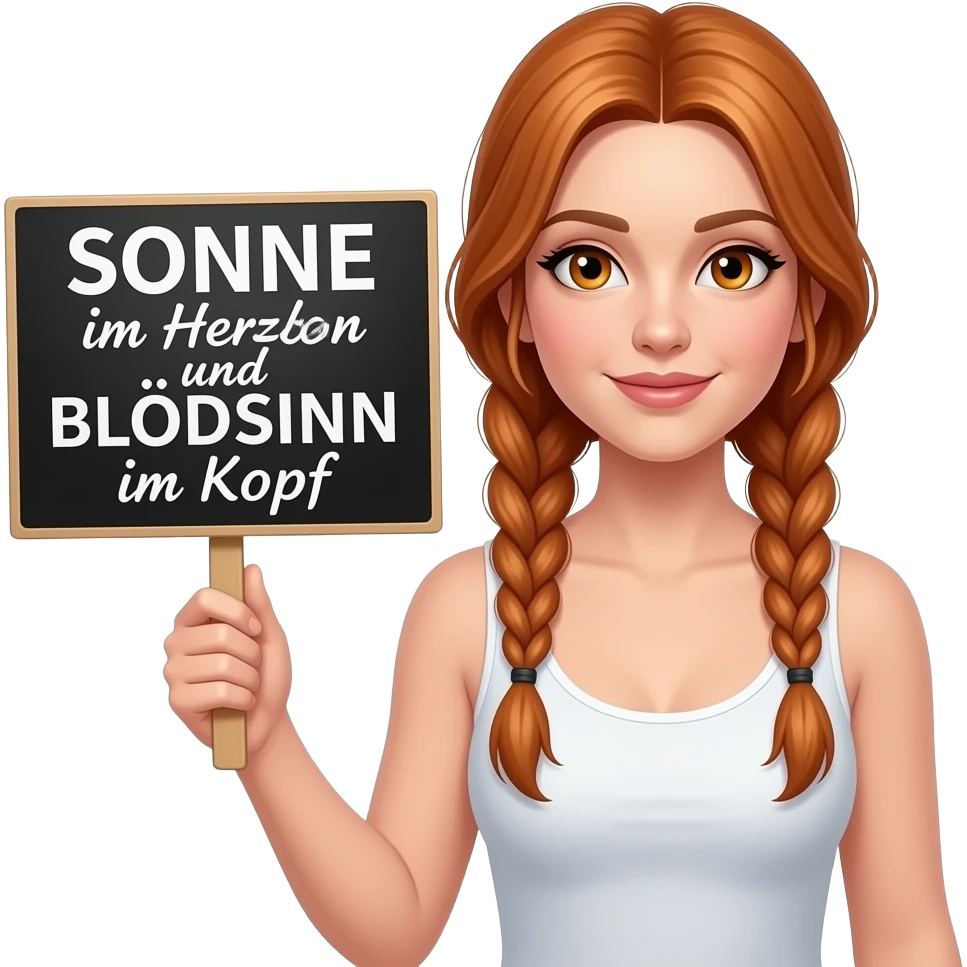 sexy girl with long ginger braids and ginger eyes wearing a white tanktop is holding a black sign with SONNE im Herzen und BLÖDSINN im Kopf written on it emoji
