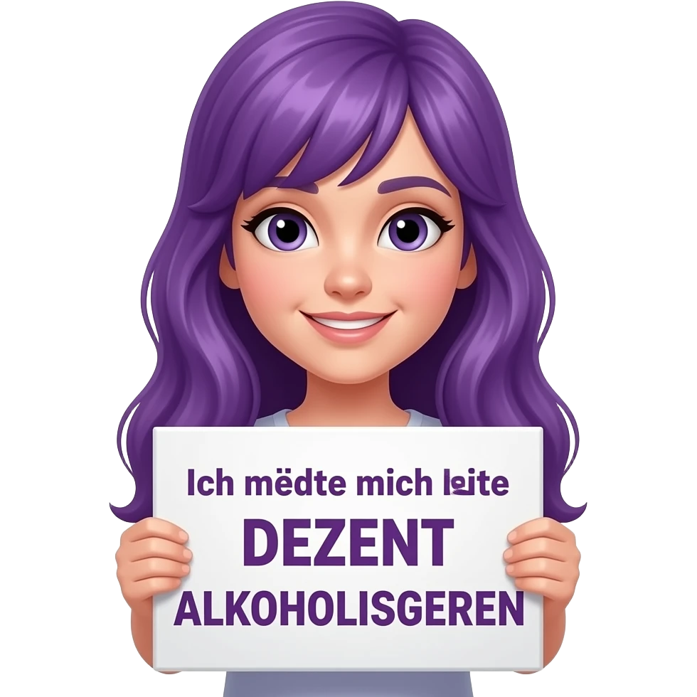 girl with long purple hair holding a Ich möchte mich heute DEZENT ALKOHOLISIEREN sign emoji