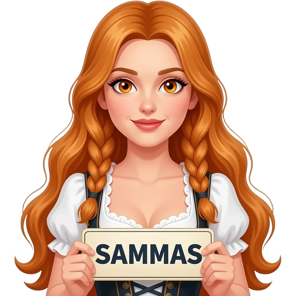 sexy girl with overlong ginger hair in braids and ginger eyes wearing a dirndl holding a SAMMAS sign emoji