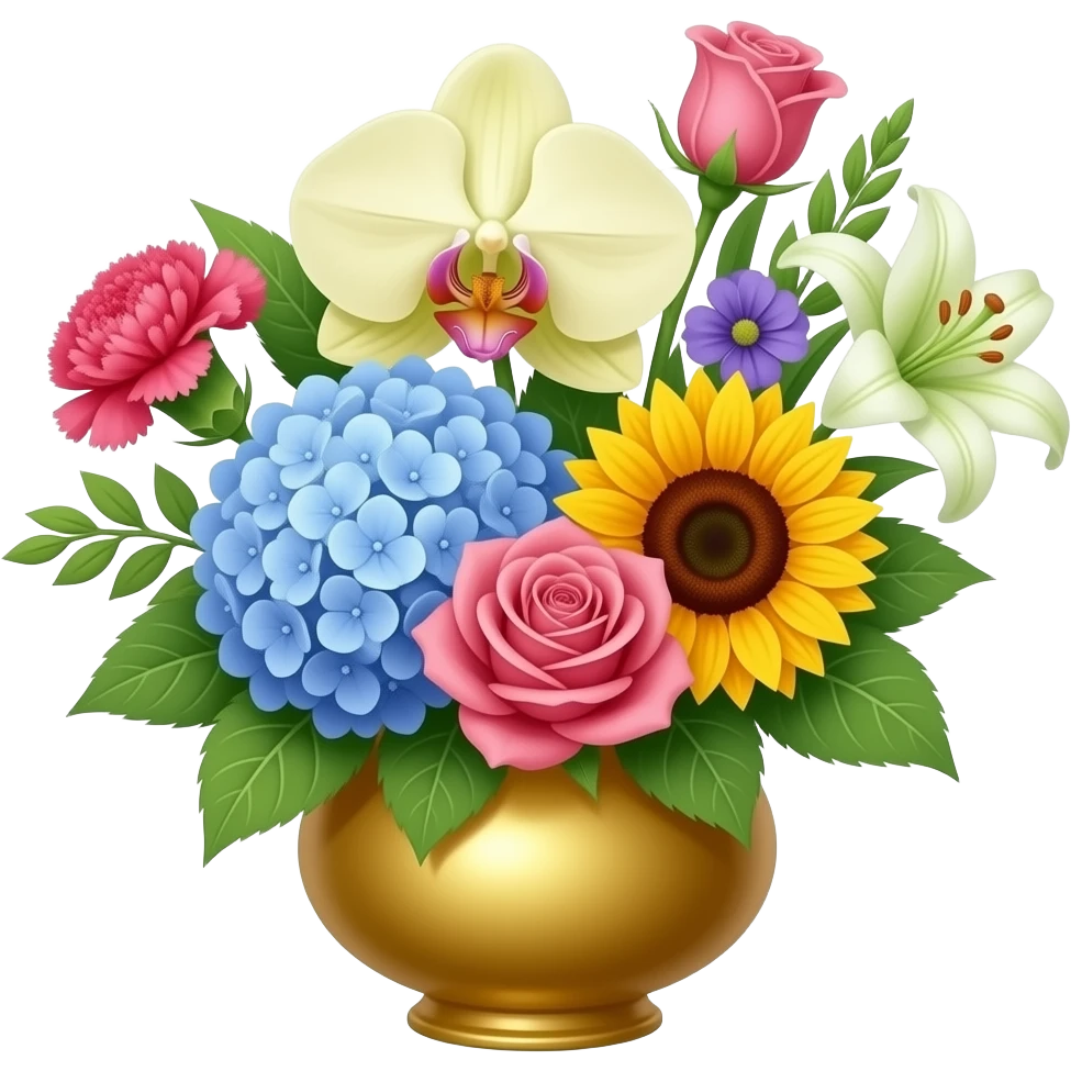 a bunch of flowers in a gold vase with a orchid, a carnation, a hydrangea, a rose, a sunflower and a lily emoji