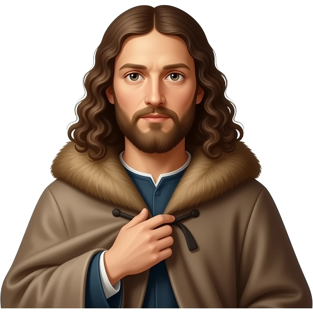 cinematic - en face penetrating balanced, Albrecht Dürer Renaissance self-portrait with long curly hair in a cloak with a fur collar, in Renaissance dress, holding the fur collar with his left hand - contemporary representations of Christ emoji