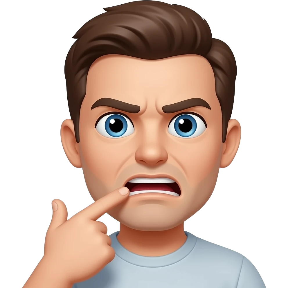 A face pointing their index finger at their opened mouth, indicating that something is disgusting emoji