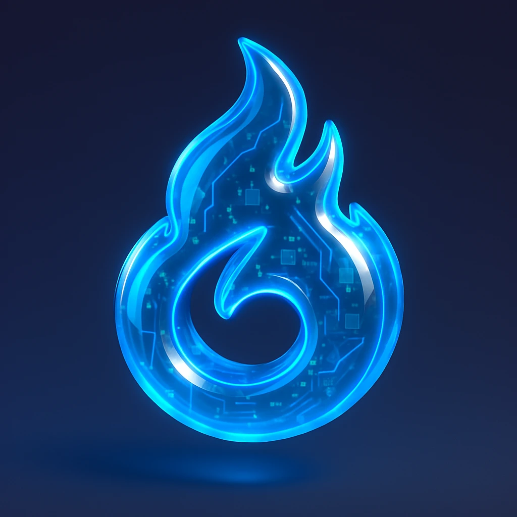 a spiraling blue flame with neon glow, glossy circuit style emoji