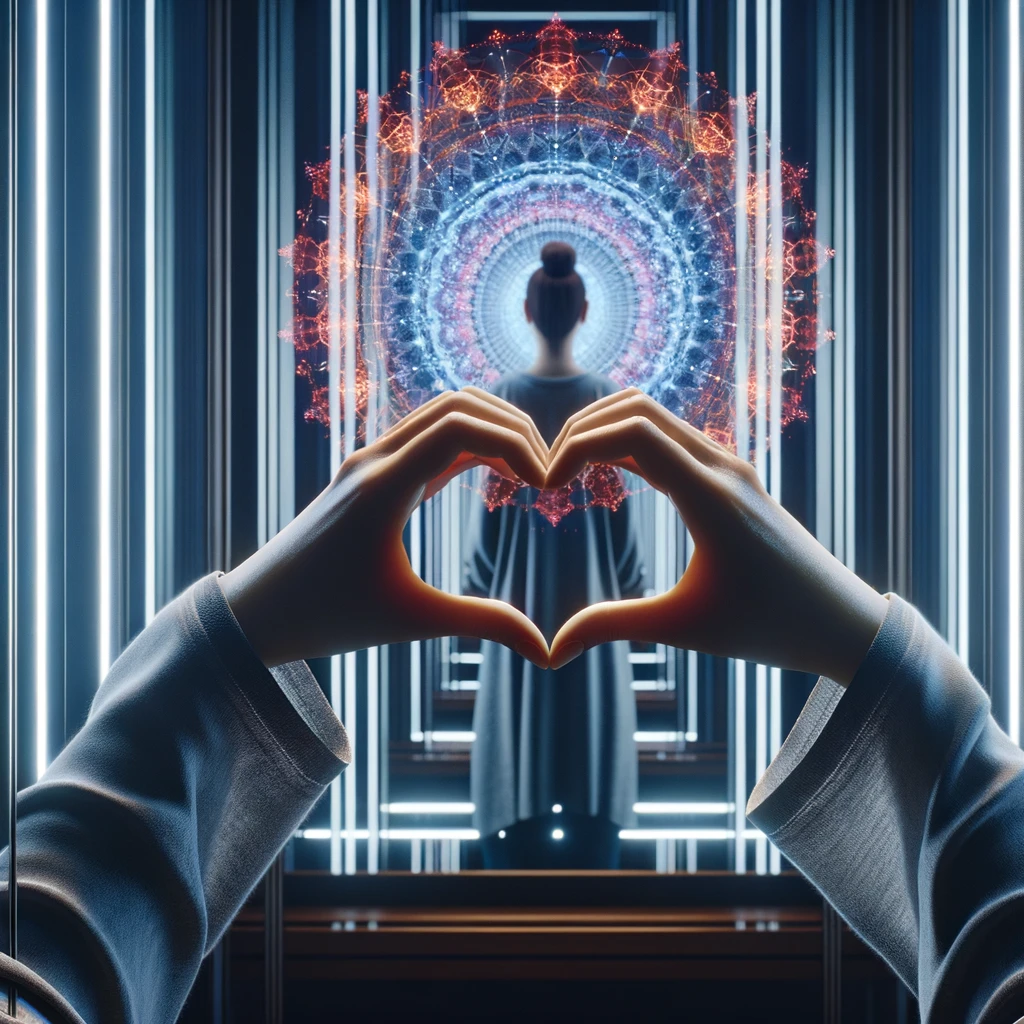 DONNA DI SPALLE CHE SI GUARDA ALLO SPECCHIO CREANDO UN CUORE CON LE MANI, iperrealistico 4k emoji