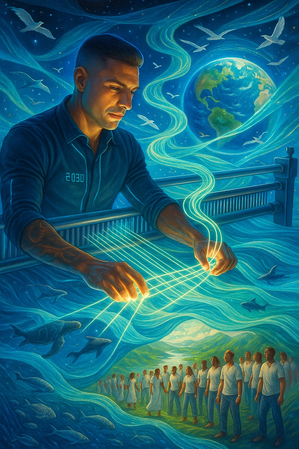 Uomo del 2030 al telaio gigante cosmico che tesse il destino del pianeta con fili di cotone stellare, ogni fibra naturale che intreccia ripara una parte dell'ecosistema terrestre, dita che brillano mentre guidano i fili di cotone attraverso dimensioni parallele, tessuto che si estende dall'atmosfera fino alle profondità marine, creature marine che nuotano attraverso le onde del tessuto acquatico, uccelli che volano seguendo i pattern del tessuto aereo, humanity unita che indossa vestiti di cotone e partecipa alla grande tessitura collettiva della salvezza planetaria emoji