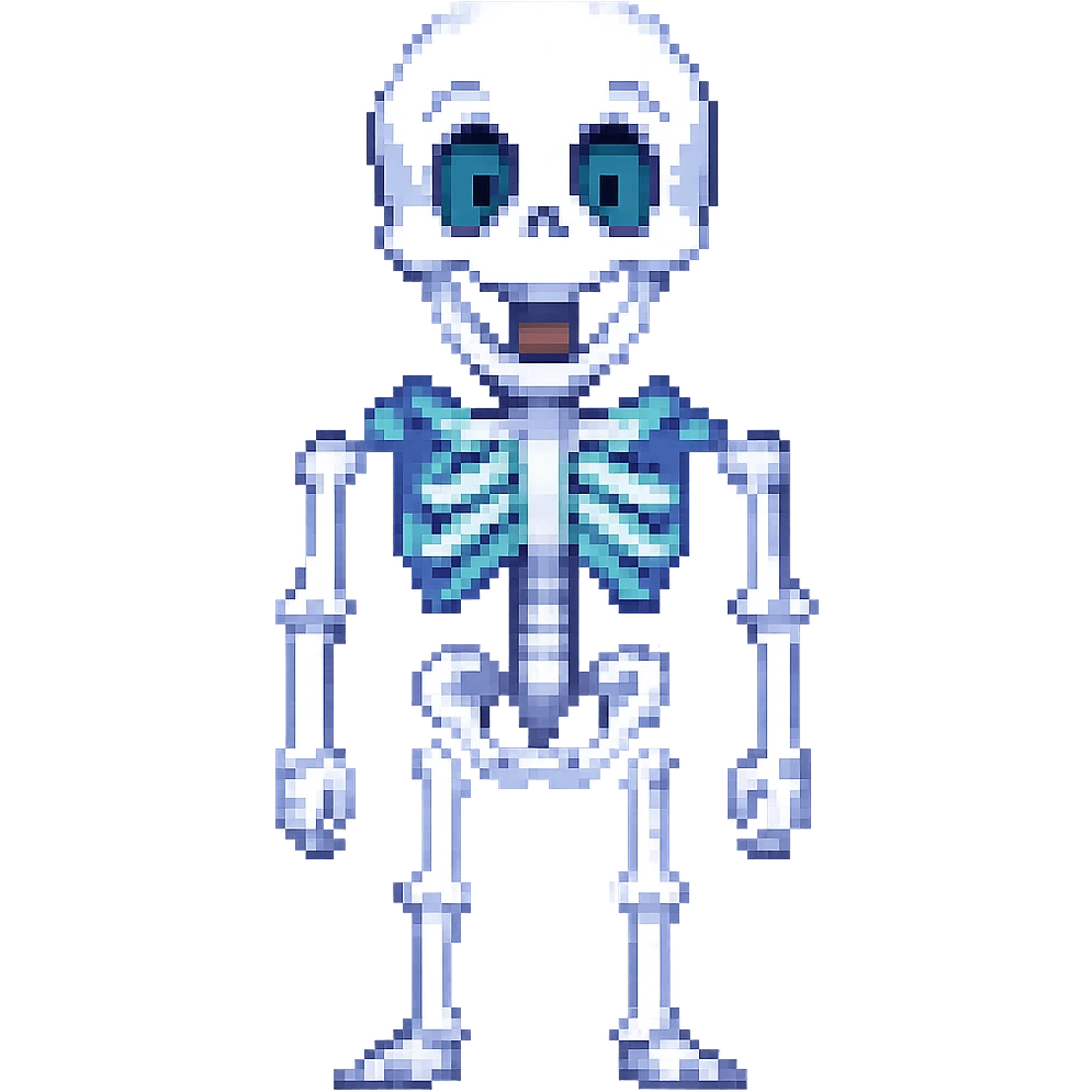 A surprised skeleton in pixel art style, version 2, with a happy expression. emoji