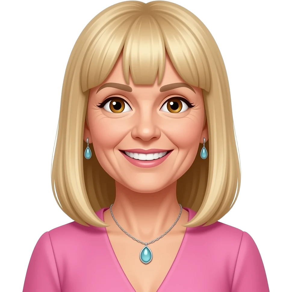 female, 50's blonde straight long hair, straight fringe, earrings, brown eyes, pink dress, smile with teeth, neclace emoji