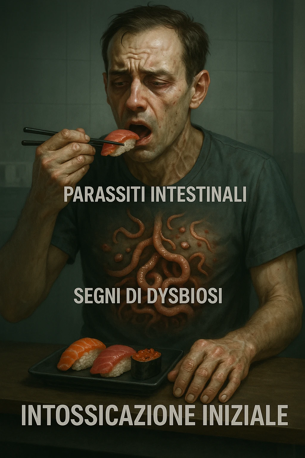 vertical realistic cinematic illustration of a man eating sushi and raw fish, with a visual transition showing his health starting to deteriorate, gradually appearing intestinal parasites, signs of dysbiosis, and early symptoms of malaise, clinical atmosphere, dramatic lighting, Italian captions, aspect ratio 2:3 emoji