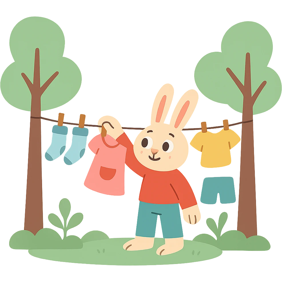 bunny hanging laundry between trees, calming domestic forest feel, soft pastel colors emoji