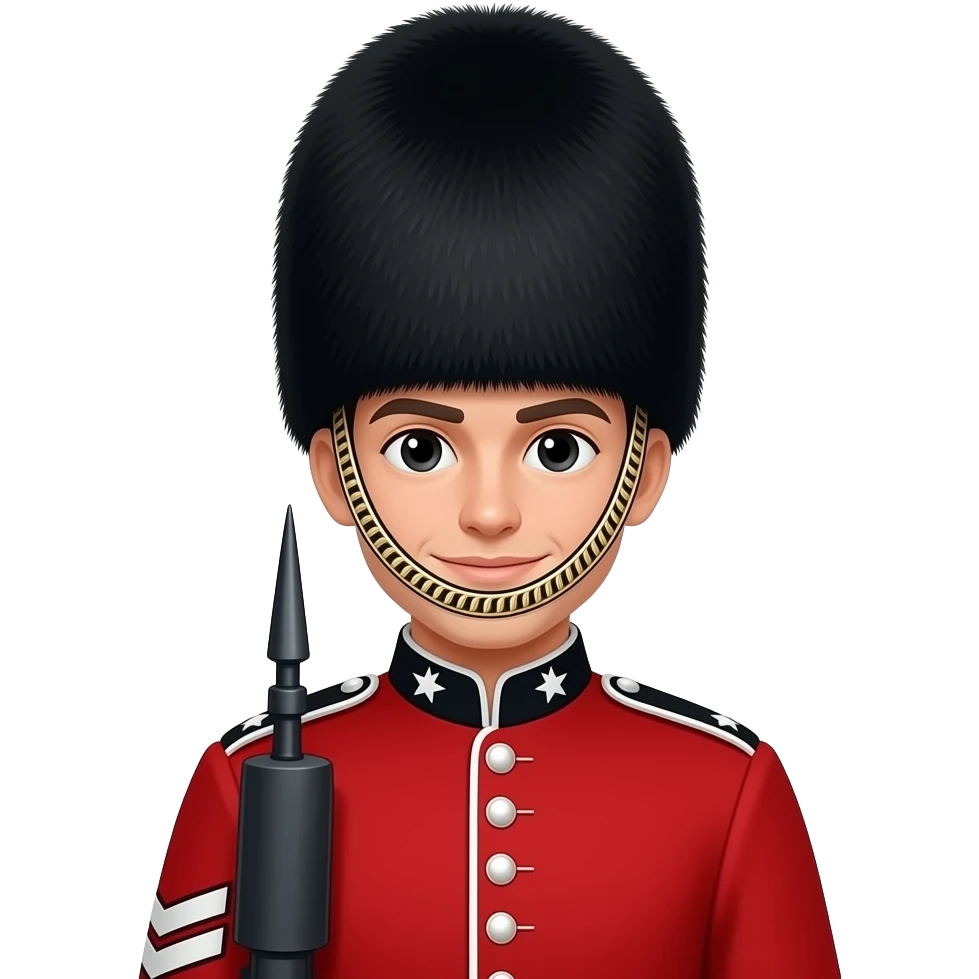 British royal guard in red uniform with iconic tall black hat, London palace style emoji