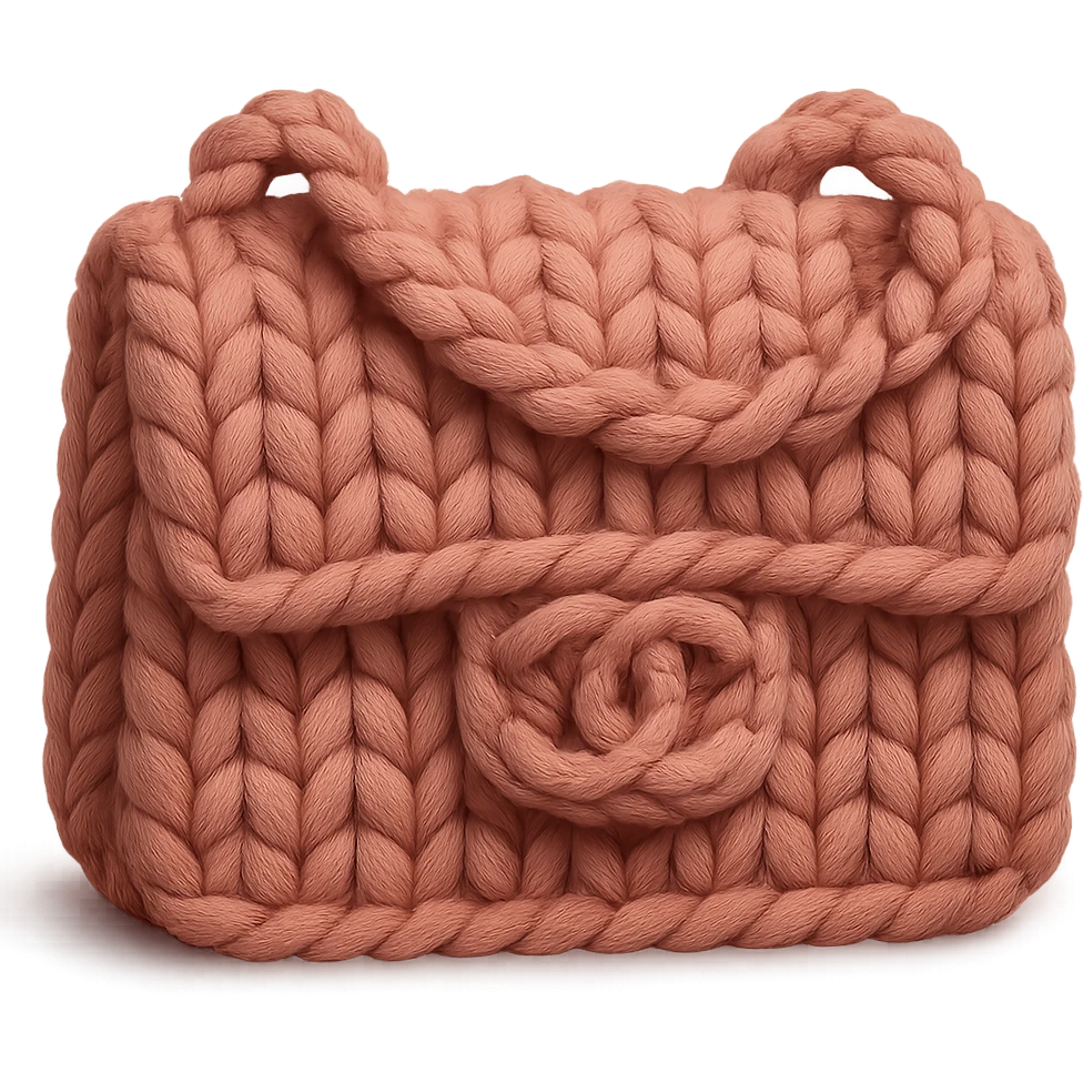 pink Chanel purse, knitted patch style, yarn texture, cozy and handmade emoji
