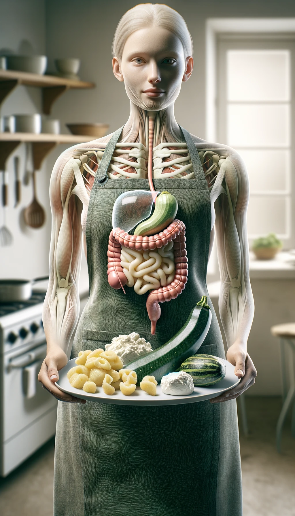 corpo umano con capelli corti con grembiule da cucina che tiene in mano un piatto con una zucchina, gnocchi di patate e ricotta, intestino realistico in evidenza, cucina sfocata sullo sfondo emoji