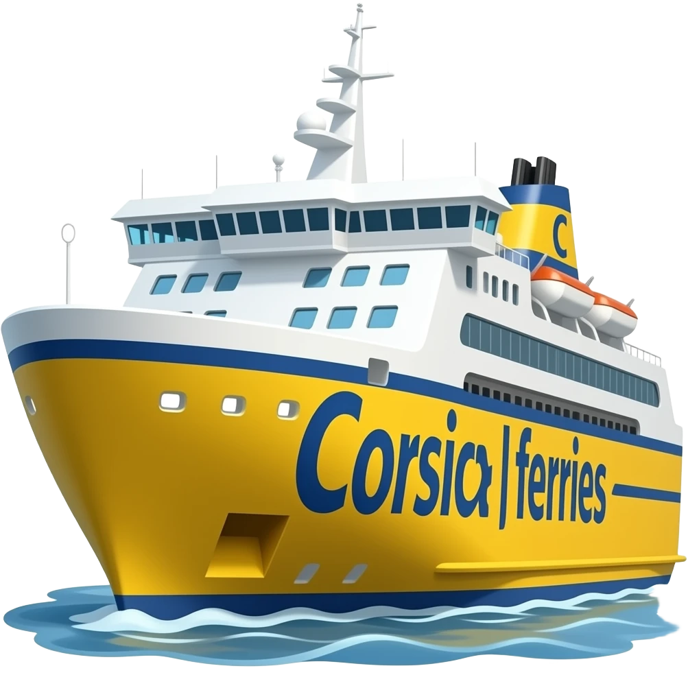 Ferry jaune et blanc avec des vitres a l'arrière et écrire Corsica ferries on le voit sur le côté emoji
