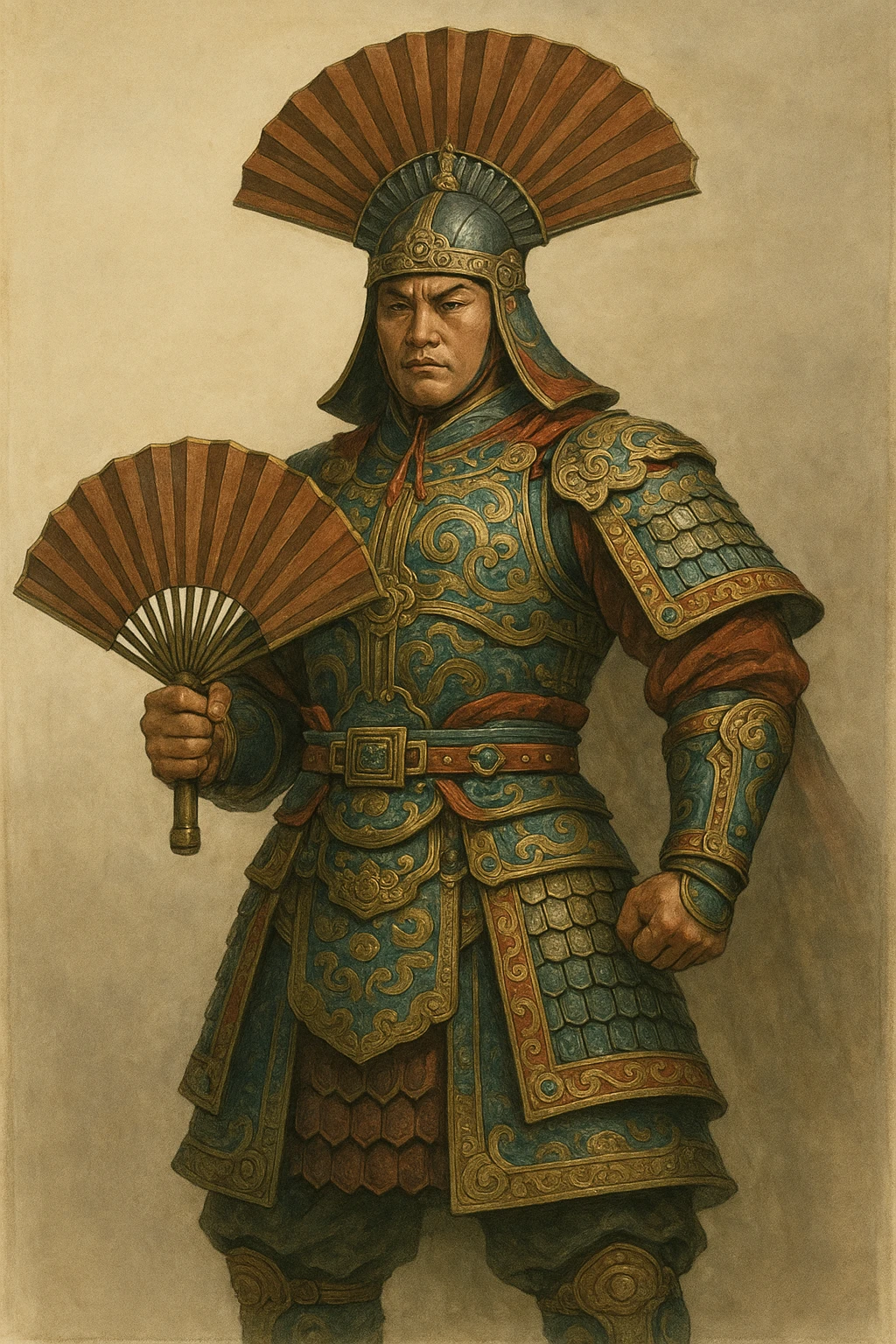 a CNFans warrior, inspired by traditional Chinese armor, with a fan-shaped helmet, standing strong, semi-realistic style emoji