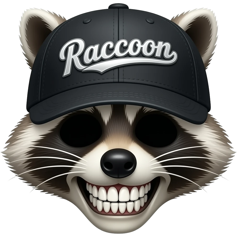 A skeleton raccoon head thats wearing a black baseball cap that says "Raccoon" with silver lettering and white bordering, with no hair or fur emoji