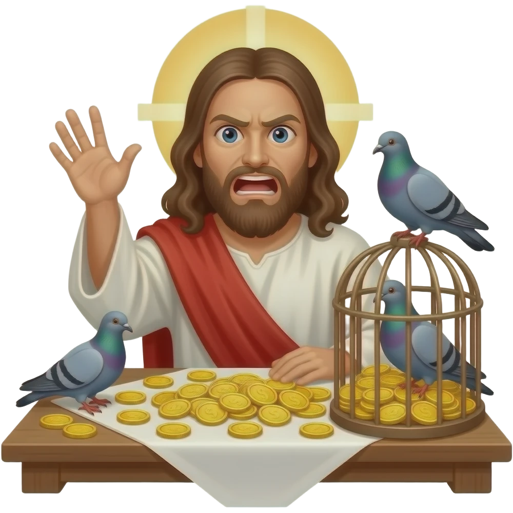 Jesus extremely mad and flipping tables with gold coins and caged doves emoji