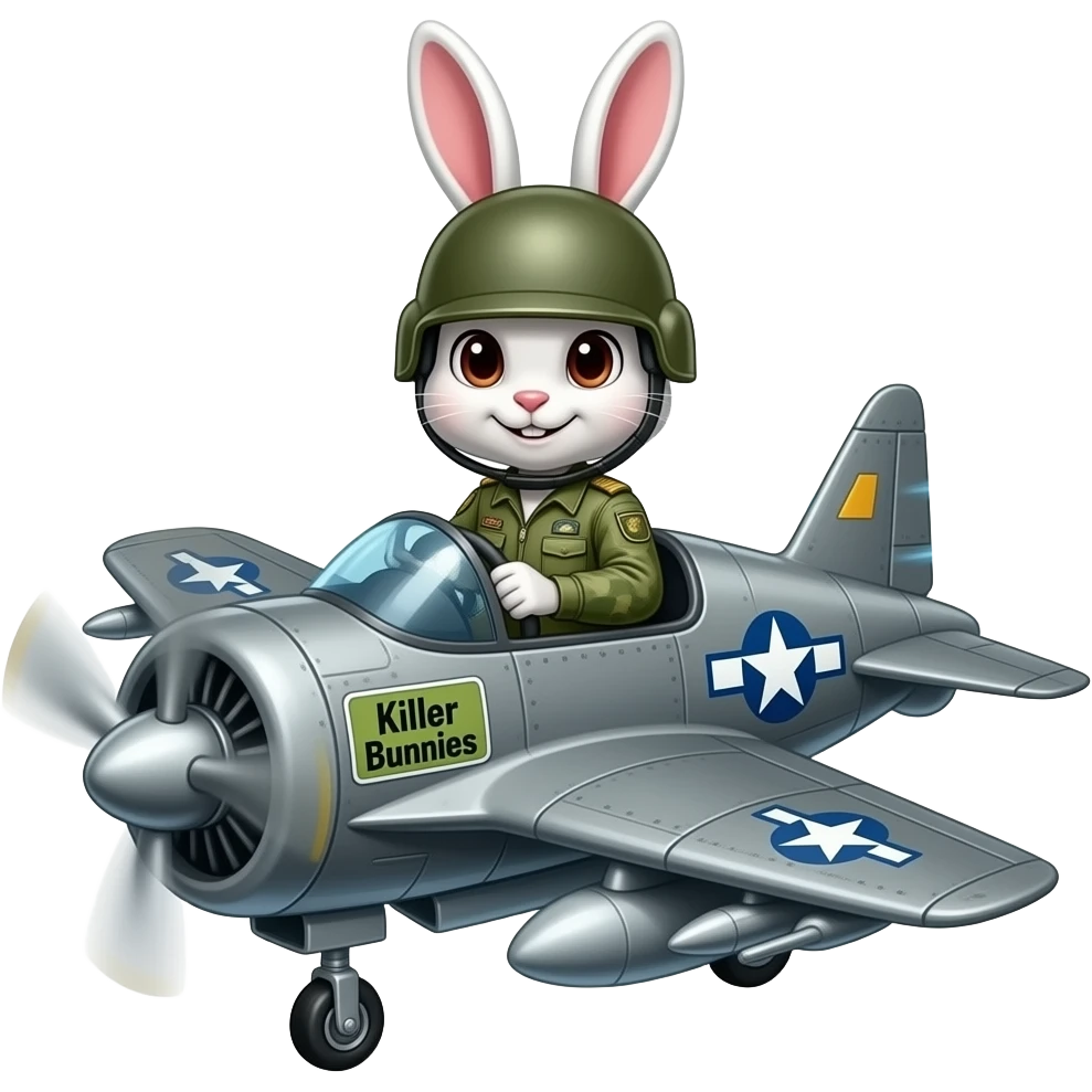 bunny in army fatigues driving a fighterplane text Killer Bunnies on bumper emoji