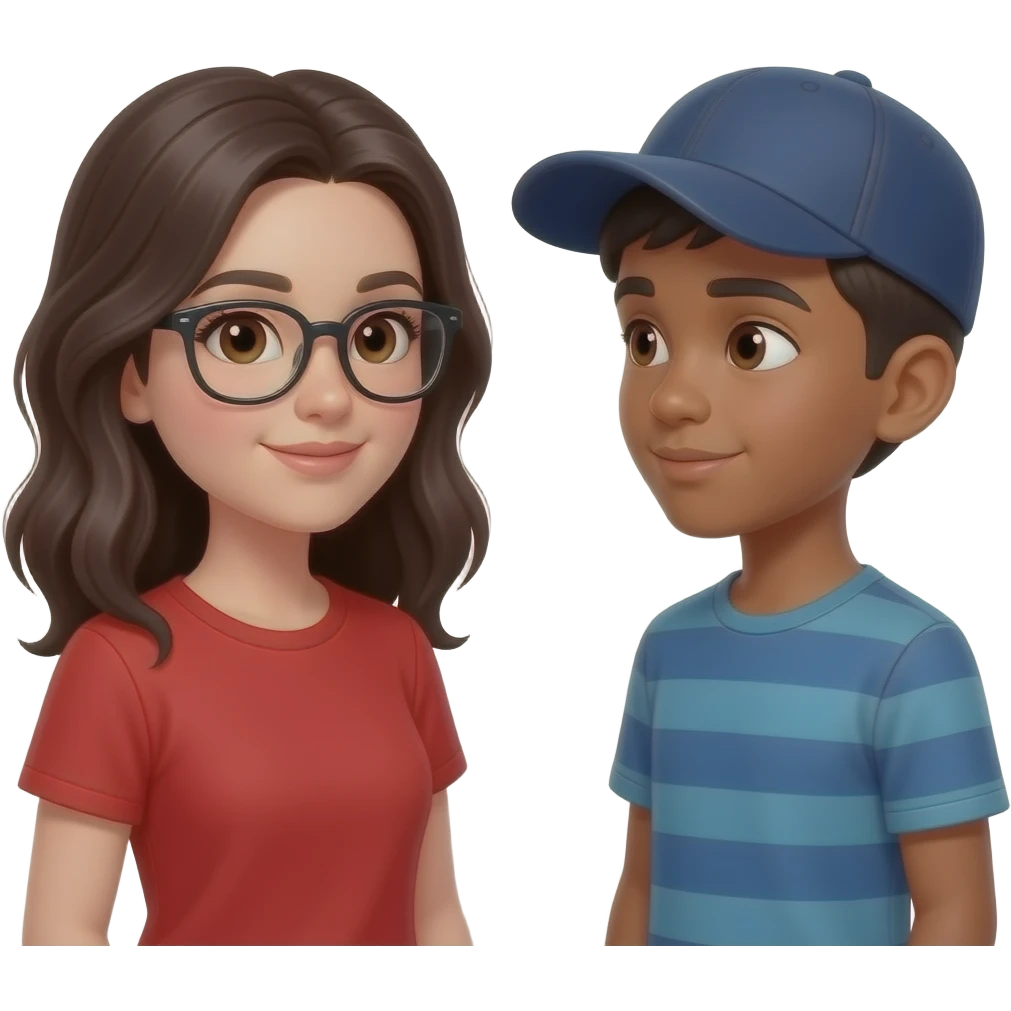 mujer cabello oscuro y piel blanca,ojos marrones, remera roja y lentes+ adolescente varon con gorra ,piel oscura, pelo oscuro, conversando de frente emoji