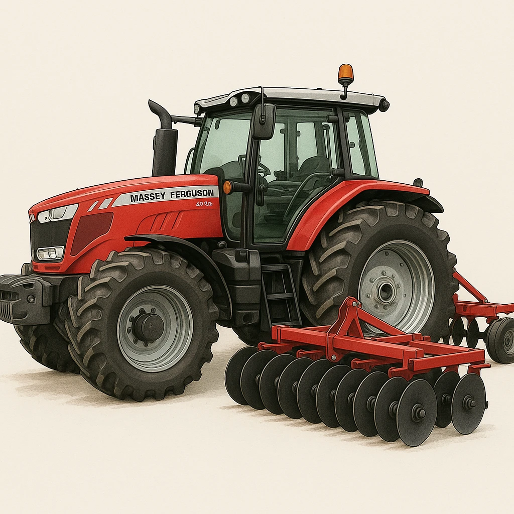A detailed and recognizable Massey Ferguson tractor with a Disc Harrow attached, side view, clean background, realistic farm equipment illustration. emoji