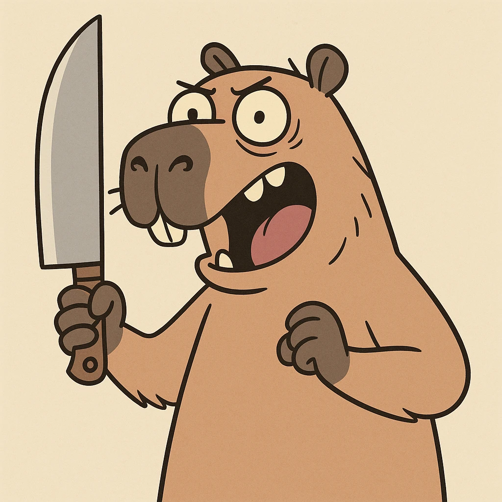 funny cartoon capybara wielding a kitchen knife, exaggerated expression emoji