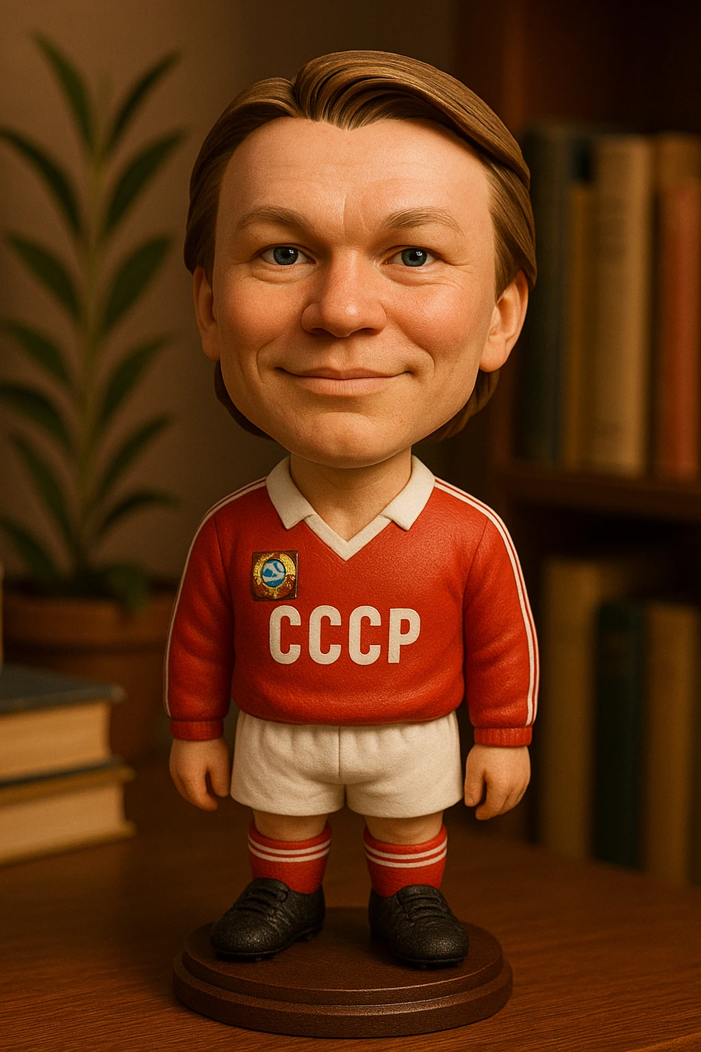Молодой Олег Блохин в форме сборной СССР 1975 года смотрит на прямо на зрителя и слегка улыбается, освещение с левой верхней стороны кадра emoji